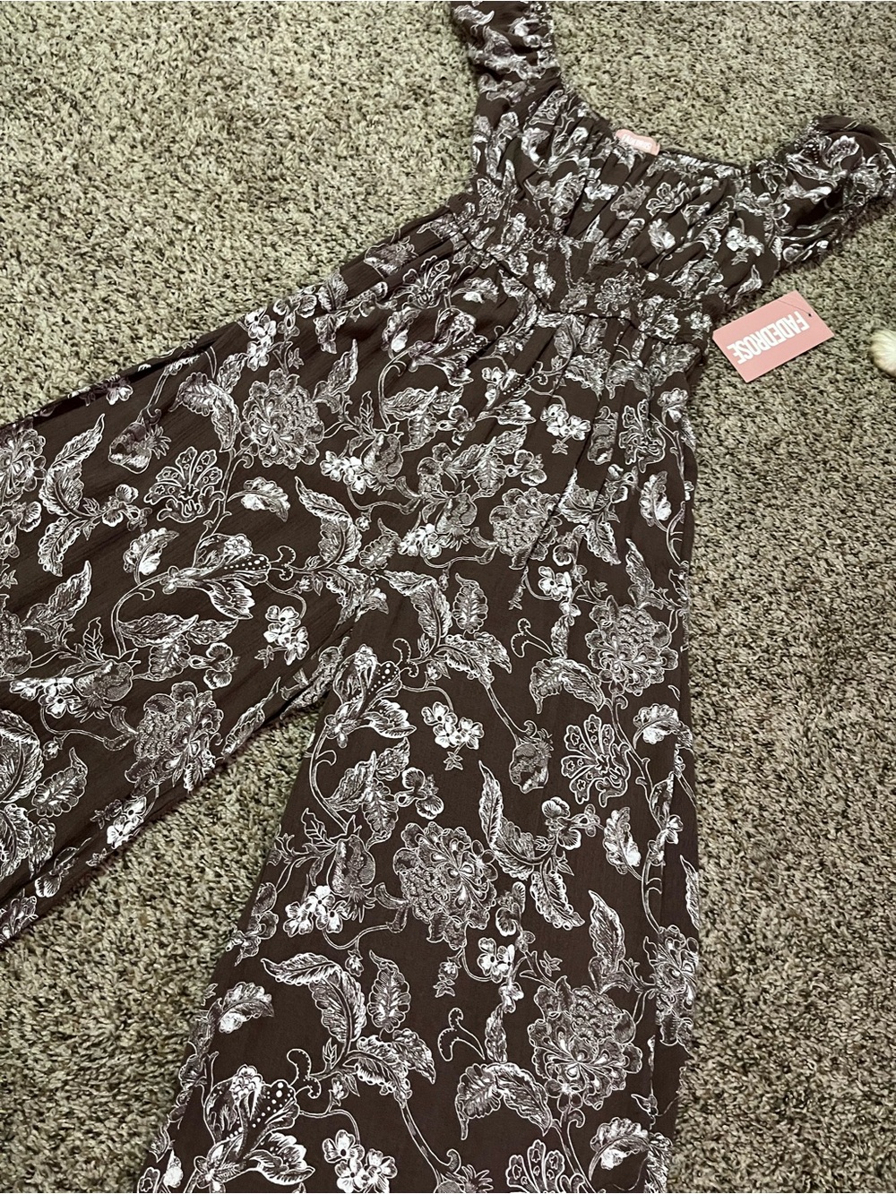 Floral Brown Smocked Jumpsuit with Wide Legs